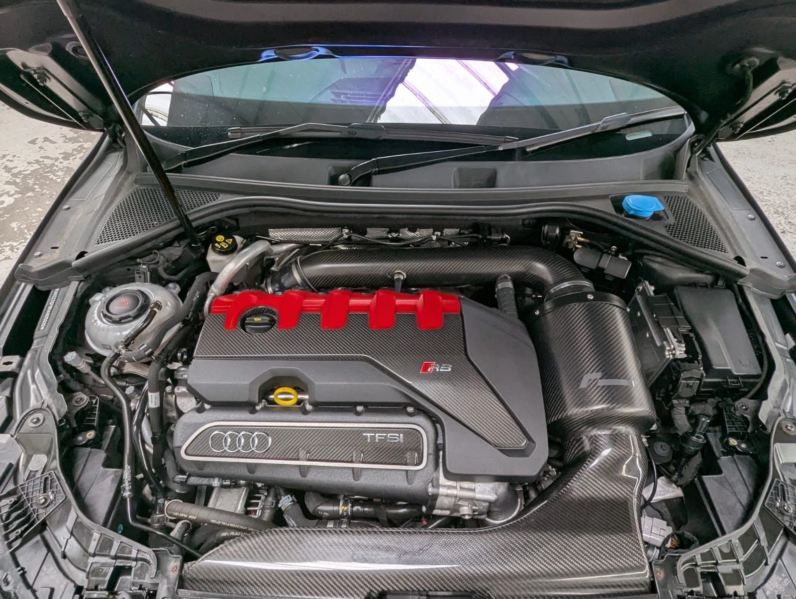 Audi RS3 8Y 2.5 TFSI engine bay with Racingline carbon intake